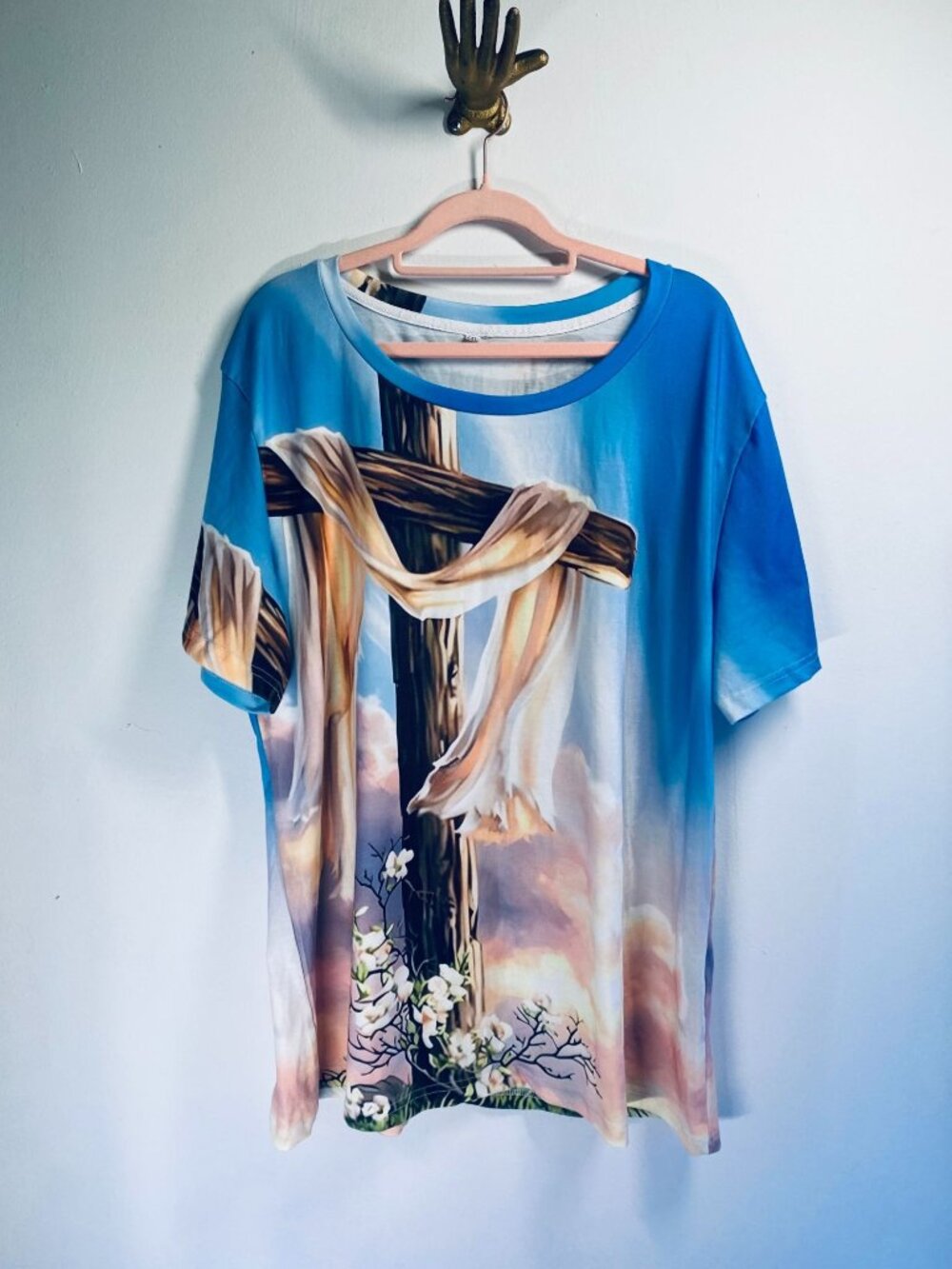 Religious Cross Graphic T-Shirt With Floral Design Blue & Pastel Colors 2XL Poly